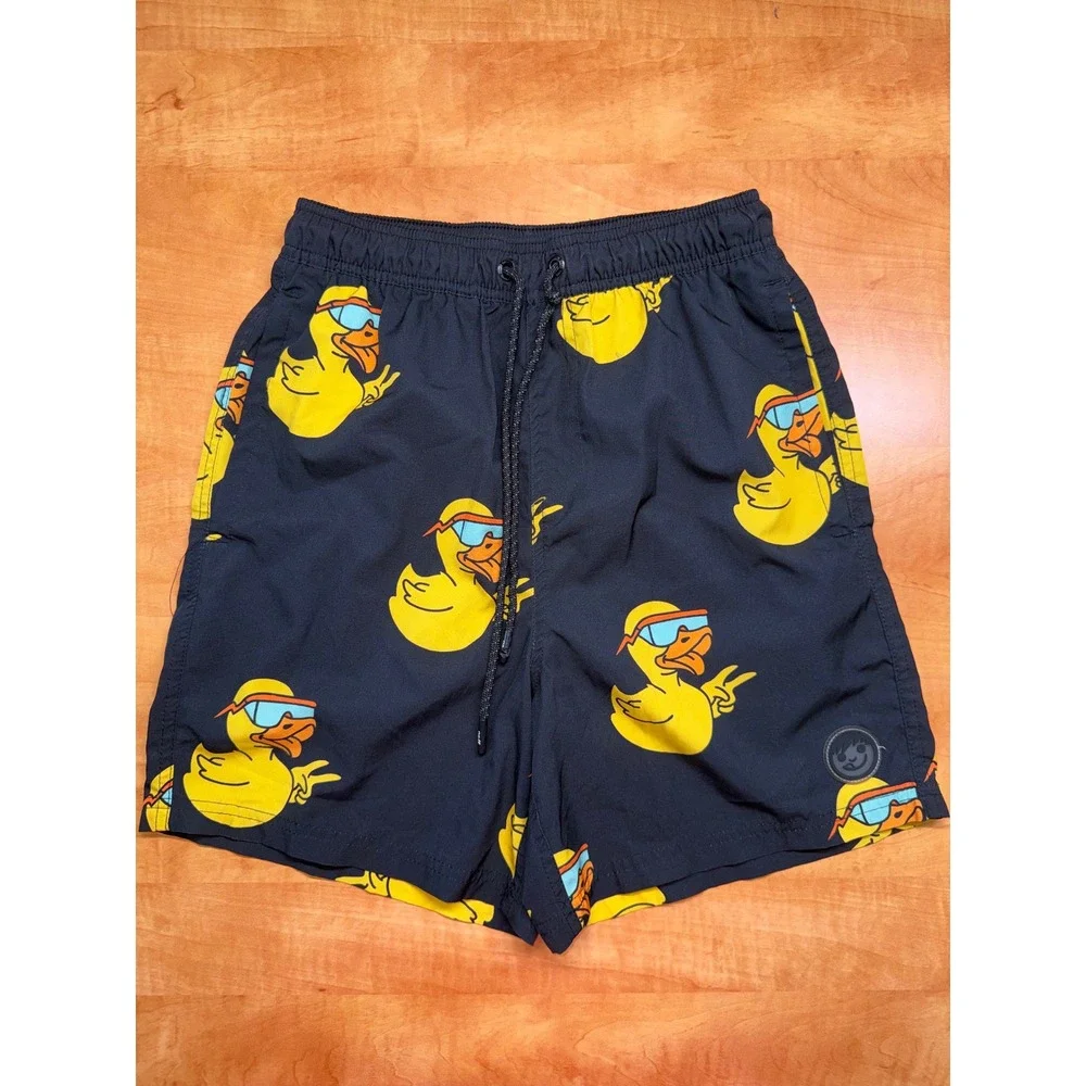 Neff Kids Med Swim Trunks Black Rubber Duck Sunglasses Peace Sign Board Shorts